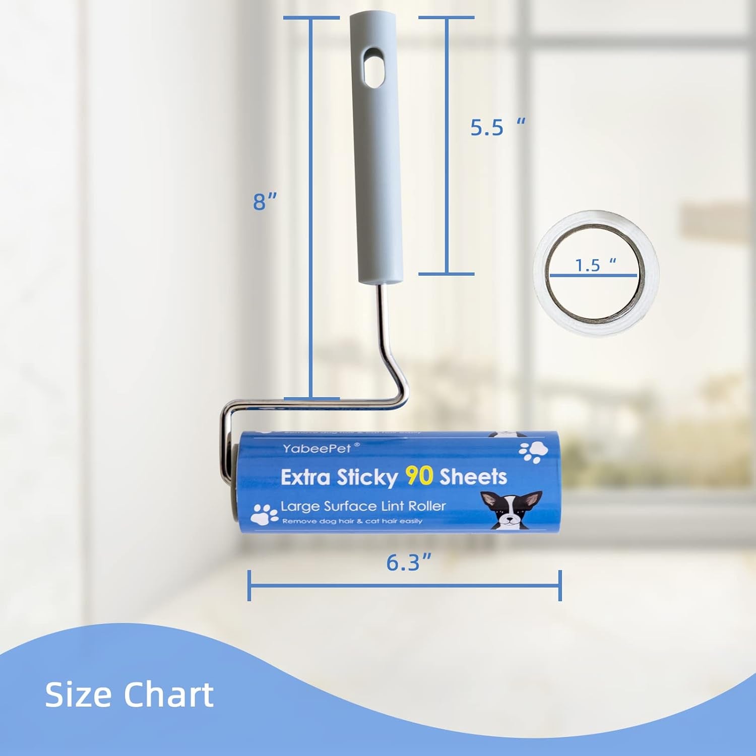 Extreme Sticky Large Surface Lint Roller, Long Handle Pet Hair Remover, Designed for Removing Pet Dog Cat Hair 90 Sheets, 6.3Inch Width