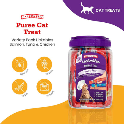 Beefeaters Cat Treats - Variety Pack Lickable Puree 48Ct | Cat Food Salmon, Tuna, Chicken | Grain-Free, Taurine-Enriched | Training Treats - Interactive Feeding | Wet/Dry Food