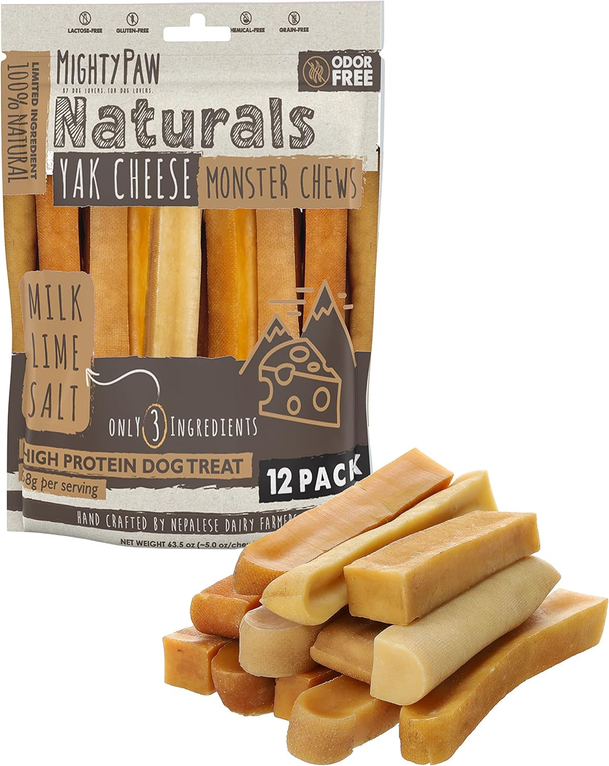 Mighty Paw Yak Cheese Dog Chews - All-Natural Treats for Dogs - High Protein Treat with 68 Grams of Protein per Chew - Delicious and Long Lasting - Odor Free with Limited Ingredients