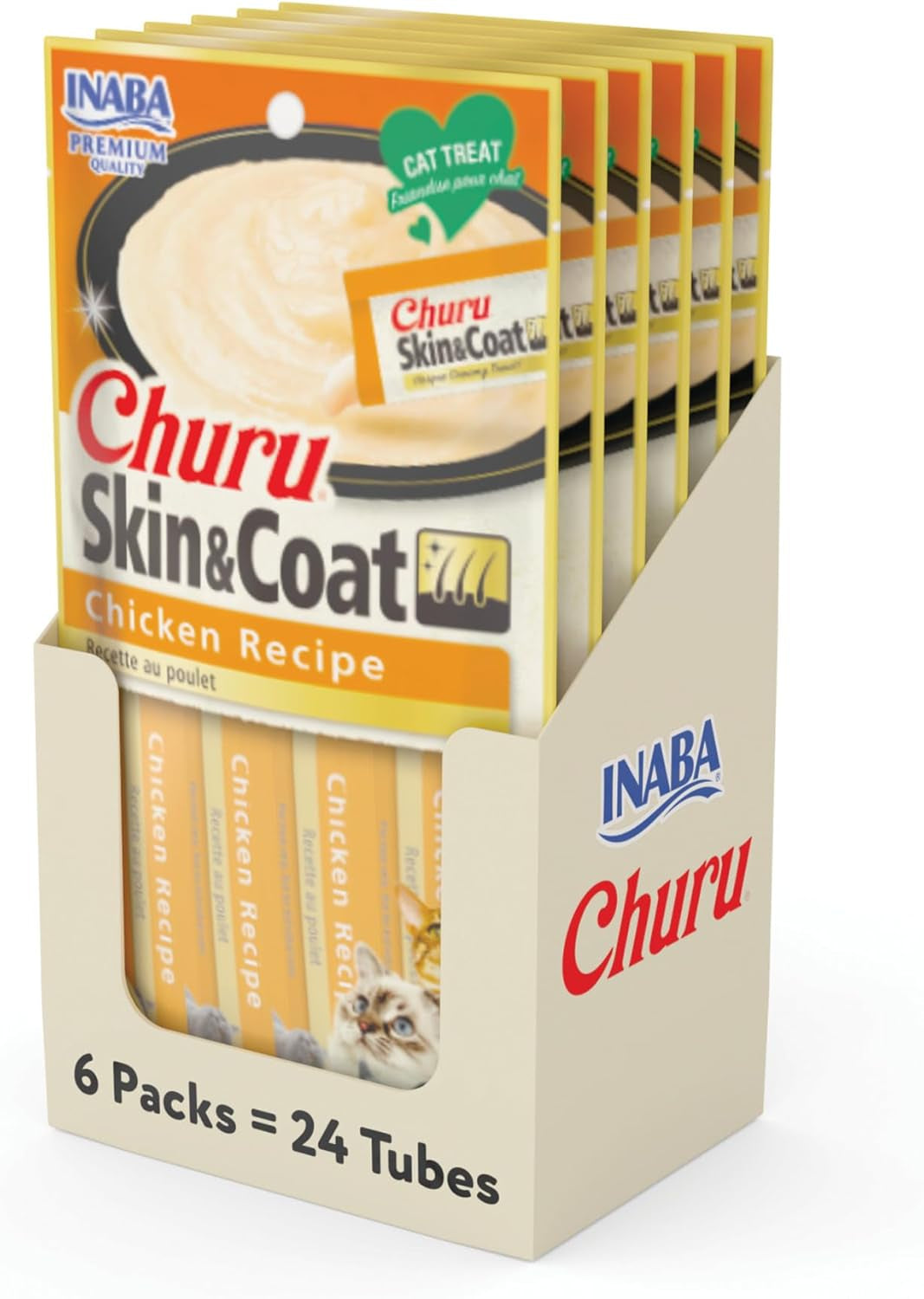 INABA Churu Lickable Purée Natural Cat Treats for Skin and Coat with Omega Oils, Taurine and Vitamin E, 0.5 Ounces Each