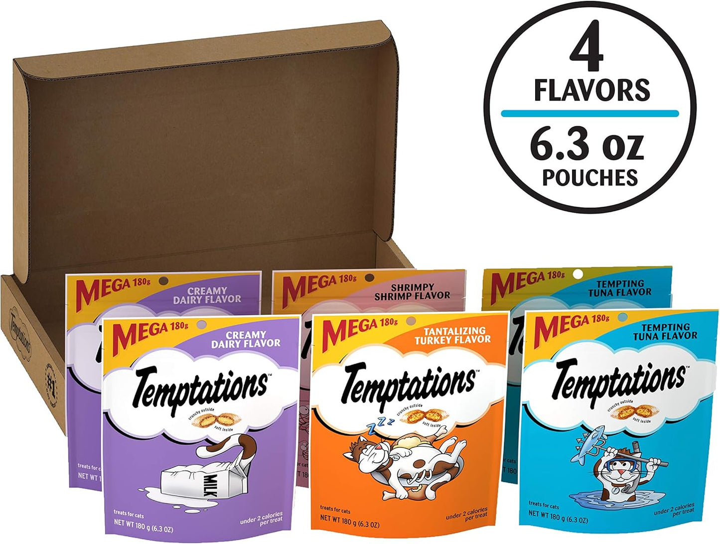 Temptations Classic Crunchy and Soft Cat Treats Variety Pack with Creamy Dairy, Tempting Tuna, Shrimpy Shrimp, and Tantalizing Turkey Flavors