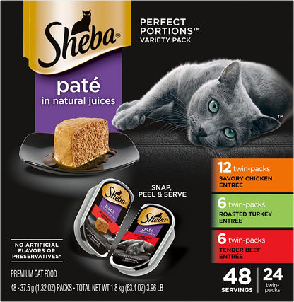 SHEBA Perfect Portions Paté Wet Cat Food Trays, Savory Chicken, Roasted Turkey, and Tender Beef Entrée, Easy Peel Twin-Pack Trays