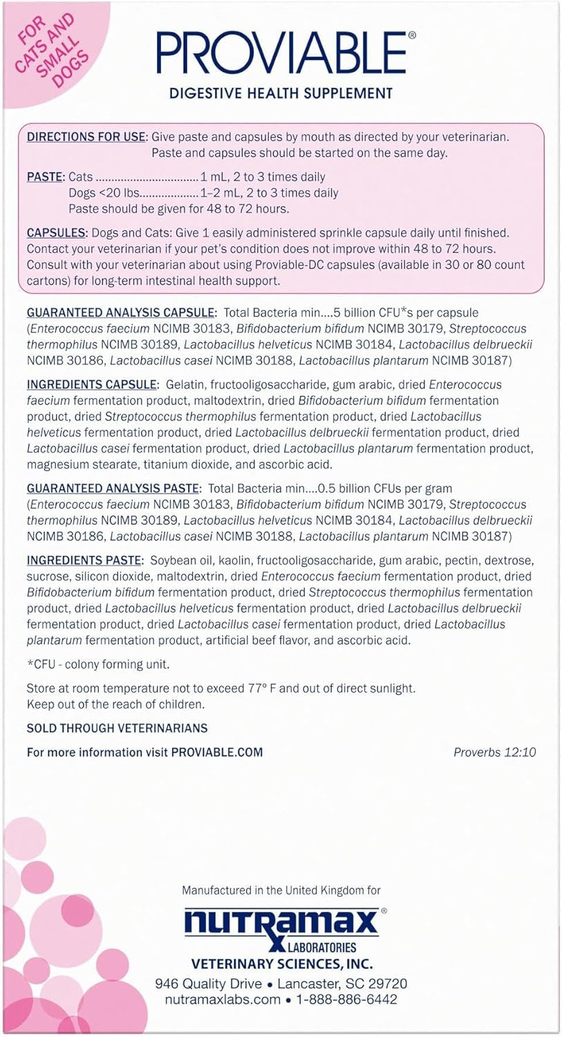 Nutramax Proviable Digestive Health Supplement Kit with Multi-Strain Probiotics and Prebiotics for Cats and Small Dogs, with 7-Strains of Bacteria, 15 Ml Paste and 10 Capsules