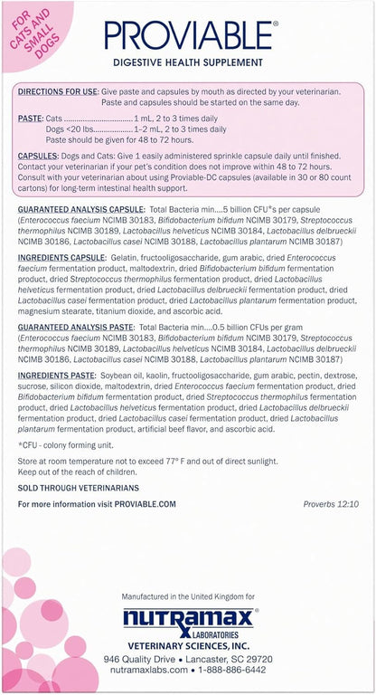 Nutramax Proviable Digestive Health Supplement Kit with Multi-Strain Probiotics and Prebiotics for Cats and Small Dogs, with 7-Strains of Bacteria, 15 Ml Paste and 10 Capsules