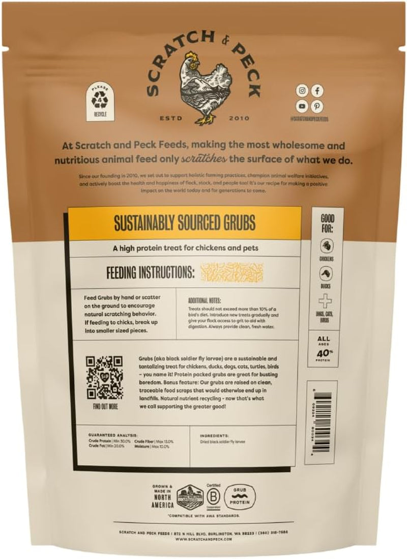 Scratch and Peck Feeds Cluckin’ Good Grubs for Chickens - Sustainably Grown in North America - Natural High Protein, Calcium Dense - Dried Black Soldier Fly Larvae Bird Treats - 3.5-Lbs