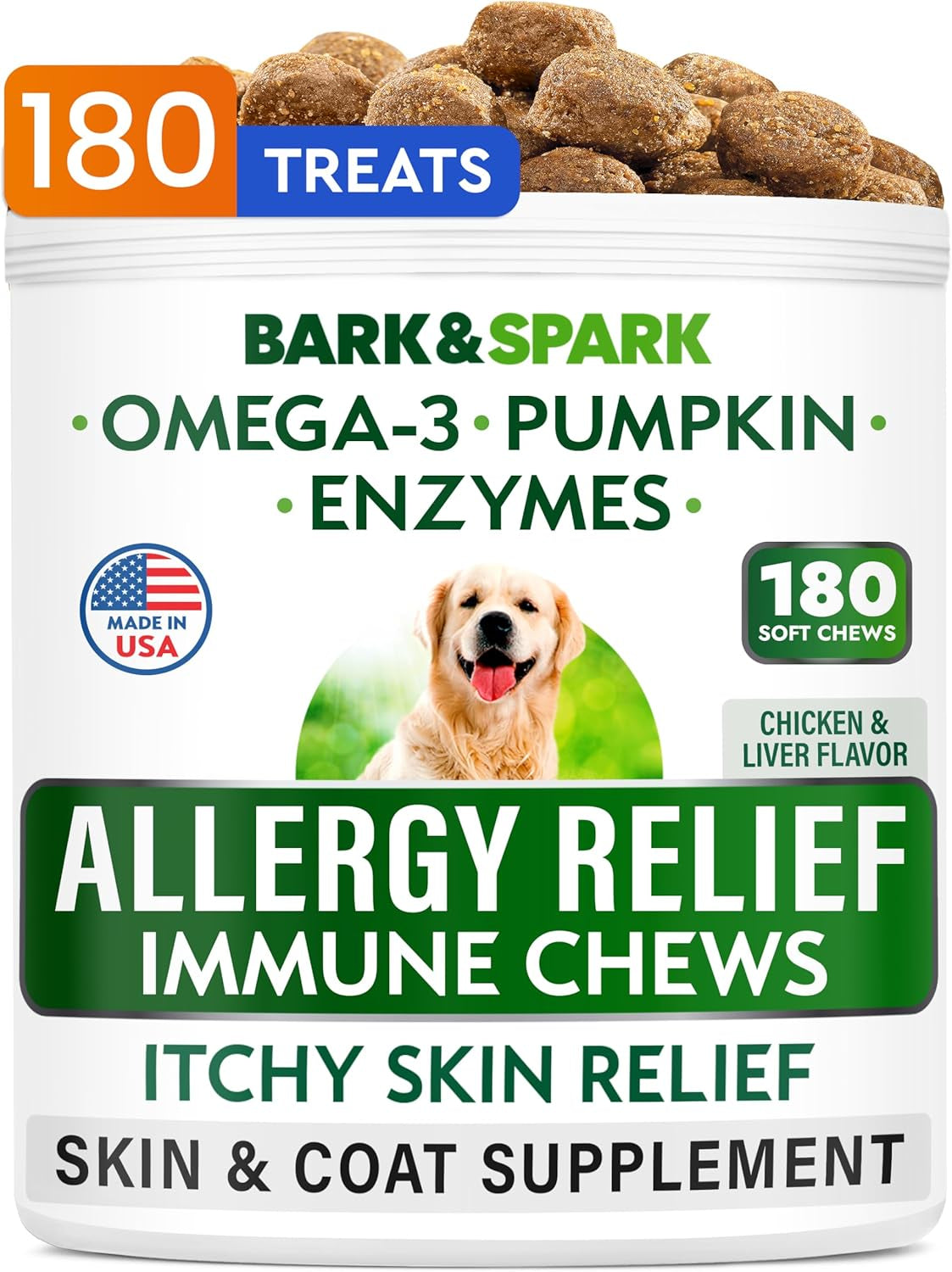 BARK&SPARK Omega 3 for Dogs - 180 Fish Oil Treats for Dog Shedding, Skin Allergy, Itch Relief, Hot Spots Treatment - Joint Health - Skin and Coat Supplement - EPA & DHA Fatty Acids