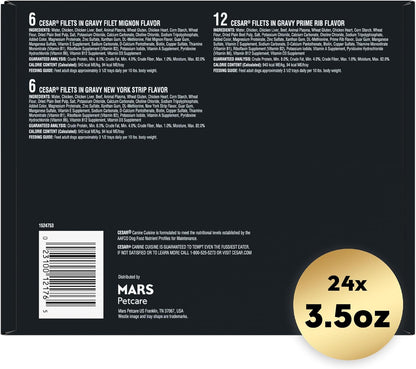 Filets in Gravy Adult Wet Dog Food, Filet Mignon, New York Strip and Prime Rib Flavors Variety Pack, 3.5 Oz. Easy Peel Trays, Pack of 24