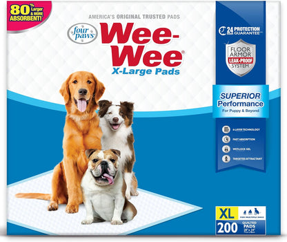 Four Paws Wee-Wee Superior Performance XL Pee Pads for Extra Large Dogs, Leak-Proof Floor Protection Dog & Puppy Quilted Potty Training Pads, Unscented, 28" X 34"