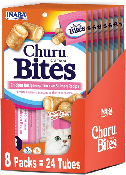 INABA Churu Bites for Cats, Soft Baked Chicken Churu Filled Cat Treats with Vitamin E, 0.35 Ounces Each Tube, 24 Tubes Total (3 per Pack)