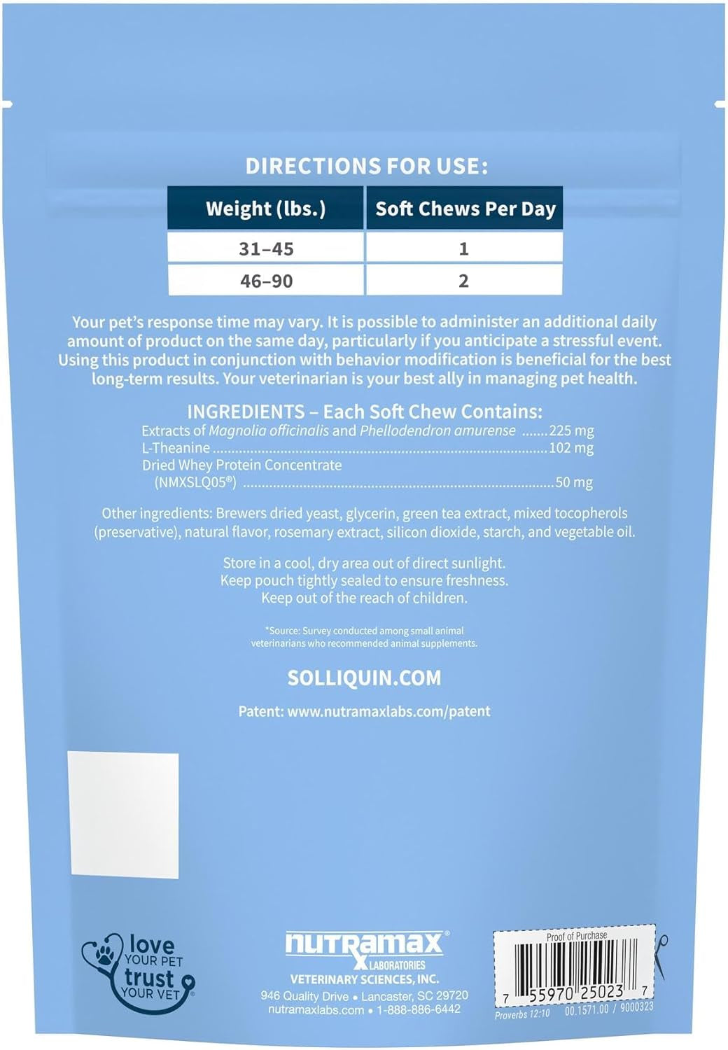 Nutramax Solliquin Calming Behavioral Health Supplement for Large Dogs - with L-Theanine, Magnolia/Phellodendron, and Whey Protein Concentrate, 75 Soft Chews