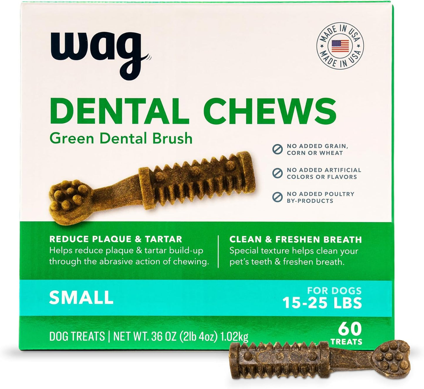 Amazon Brand - Wag Dental Chews - Green Dental Brush for Dogs, Unflavored