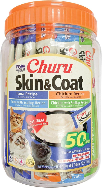 INABA Churu Lickable Purée Natural Cat Treats for Skin and Coat with Omega Oils, Taurine and Vitamin E, 0.5 Ounces Each