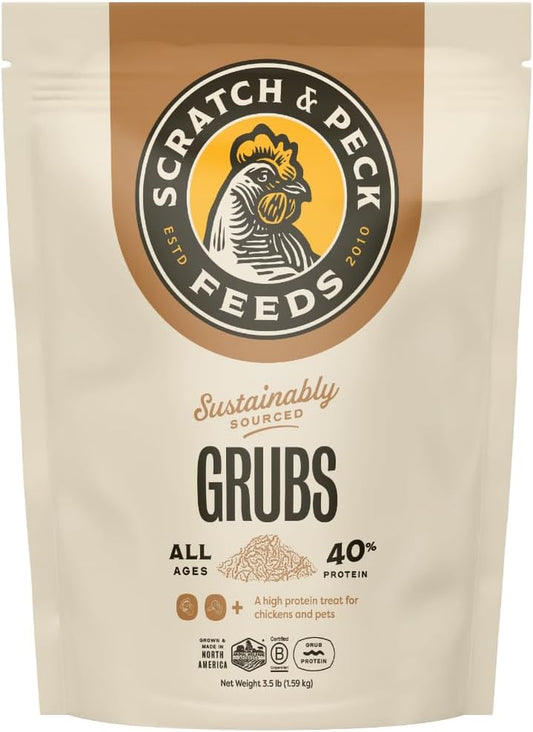 Scratch and Peck Feeds Cluckin’ Good Grubs for Chickens - Sustainably Grown in North America - Natural High Protein, Calcium Dense - Dried Black Soldier Fly Larvae Bird Treats - 3.5-Lbs