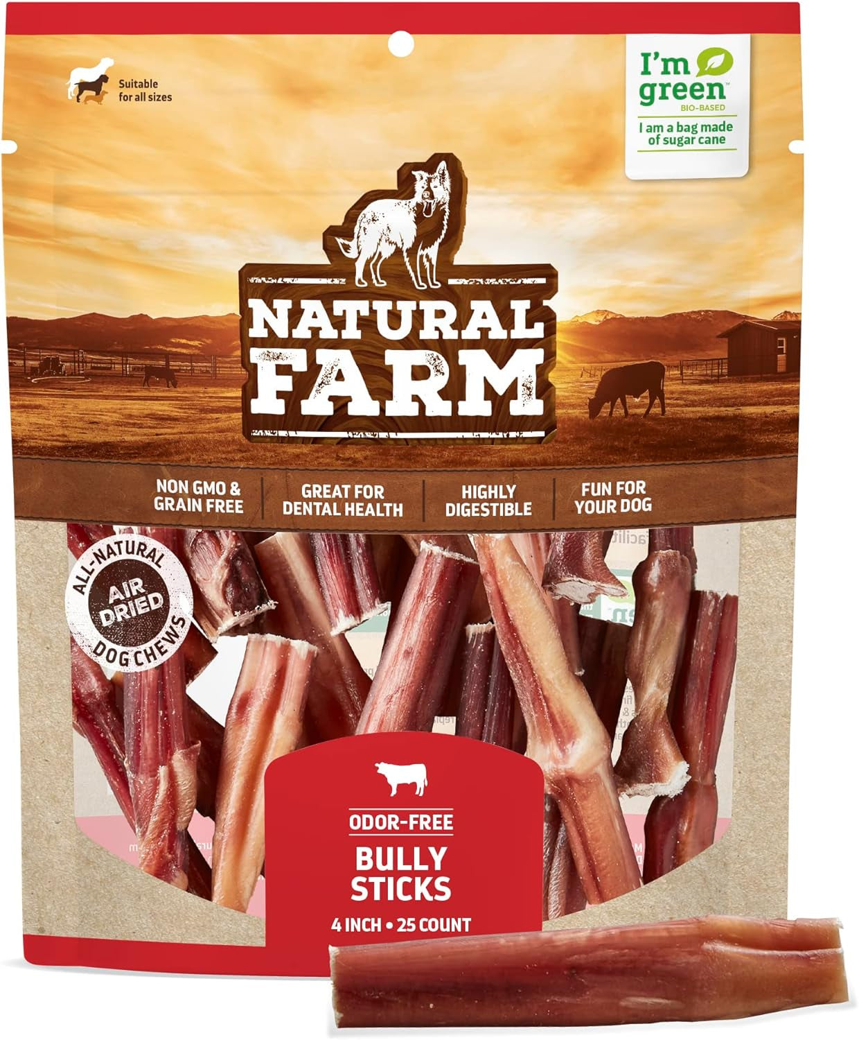 Natural Farm Odor-Free Bully Sticks, Fully Digestible 100% Beef Pizzle Chews, Grass-Fed, Non-Gmo, Grain-Free, Natural Long-Lasting Chews for Small & Large Dogs