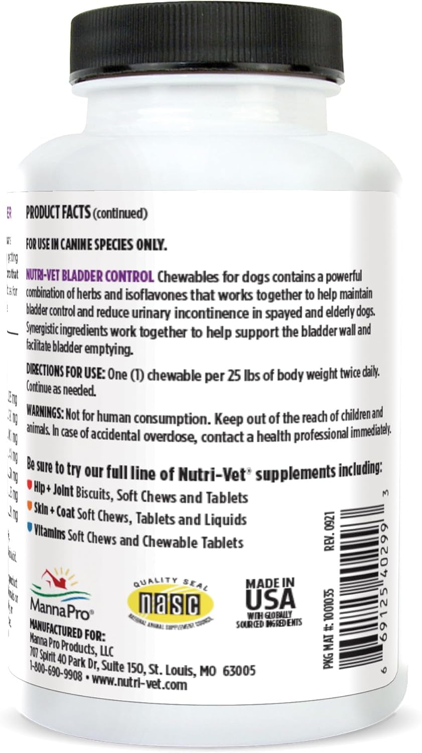 Nutri-Vet Bladder Control, Dog Bladder Control Supplement, Reduce Urinary Incontinence & Facilitate Bladder Emptying, 90 Chewable Tablets