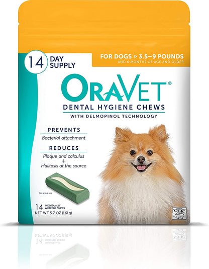 Oravet Dental Chews for Dogs, Oral Care and Hygiene Chews (Extra Small Dogs, 3.5-9 Lbs.) Yellow Pouch