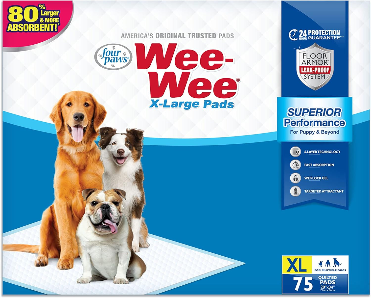 Four Paws Wee-Wee Superior Performance XL Pee Pads for Extra Large Dogs, Leak-Proof Floor Protection Dog & Puppy Quilted Potty Training Pads, Unscented, 28" X 34"