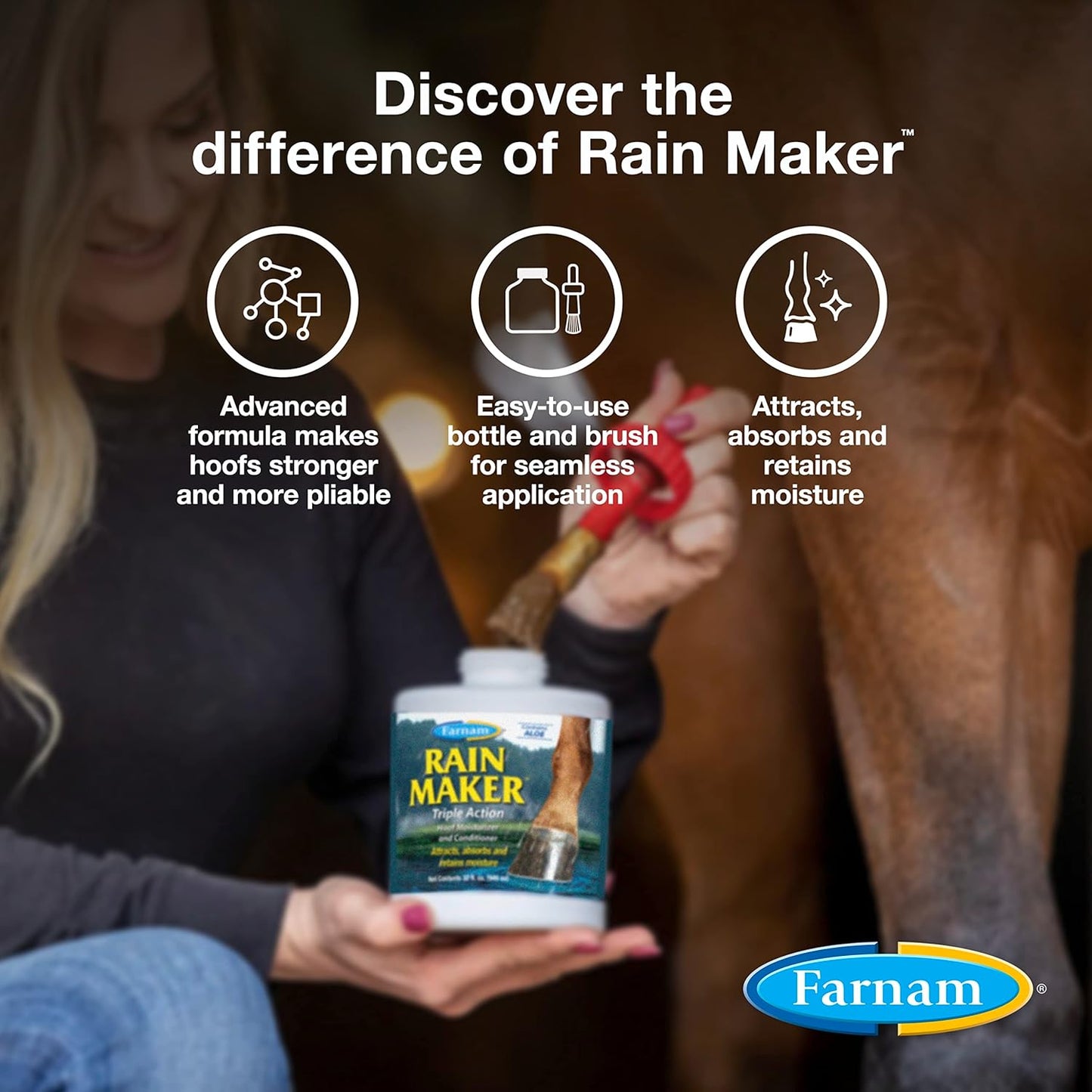 Farnam Rain Maker Triple Action Hoof Oil for Horses Moisturizer and Conditioner, Attracts, Absorbs and Retains Moisture, Contains Aloe