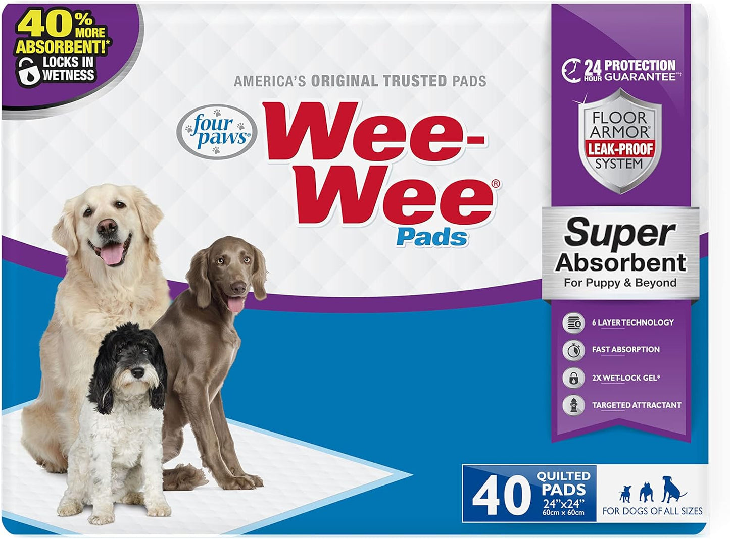 Four Paws Wee-Wee Super Absorbent Pee Pads for Dogs of All Sizes, Leak-Proof Floor Protection Dog & Puppy Quilted Potty Training Pads, Unscented, 24" X 24"