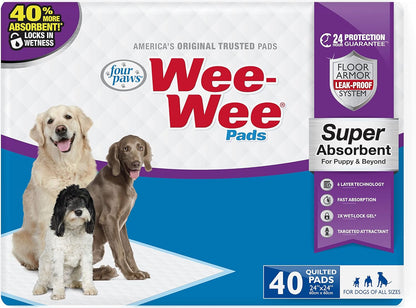 Four Paws Wee-Wee Super Absorbent Pee Pads for Dogs of All Sizes, Leak-Proof Floor Protection Dog & Puppy Quilted Potty Training Pads, Unscented, 24" X 24"