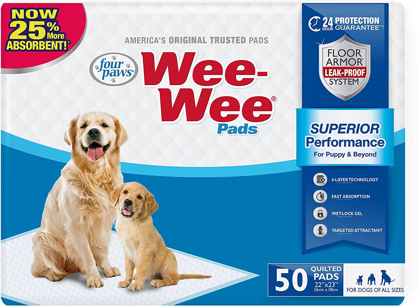 Four Paws Wee-Wee Superior Performance Pee Pads for Dogs of All Sizes, Leak-Proof Floor Protection Dog & Puppy Quilted Potty Training Pads, Unscented, 22" X 23"