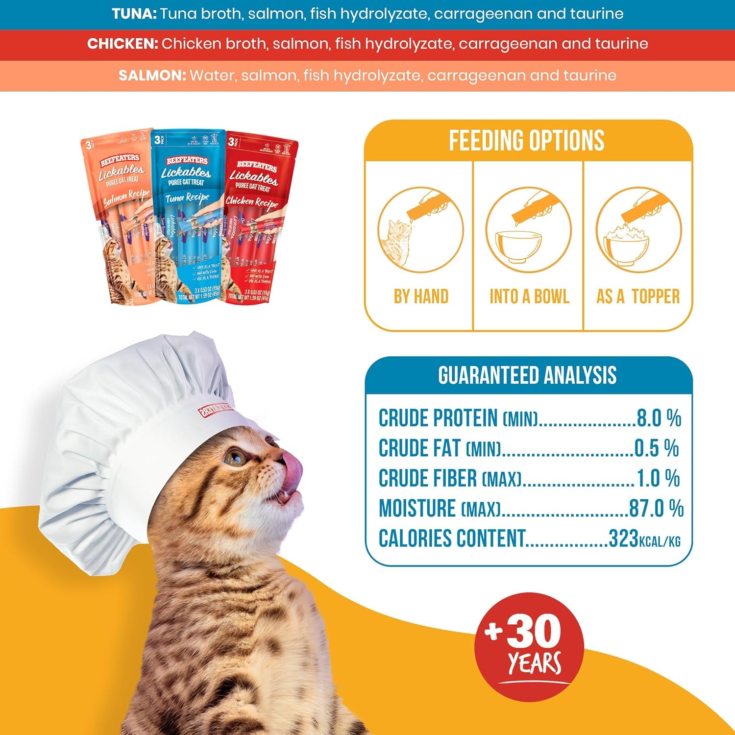 Beefeaters Cat Treats - Variety Pack Lickable Puree 48Ct | Cat Food Salmon, Tuna, Chicken | Grain-Free, Taurine-Enriched | Training Treats - Interactive Feeding | Wet/Dry Food