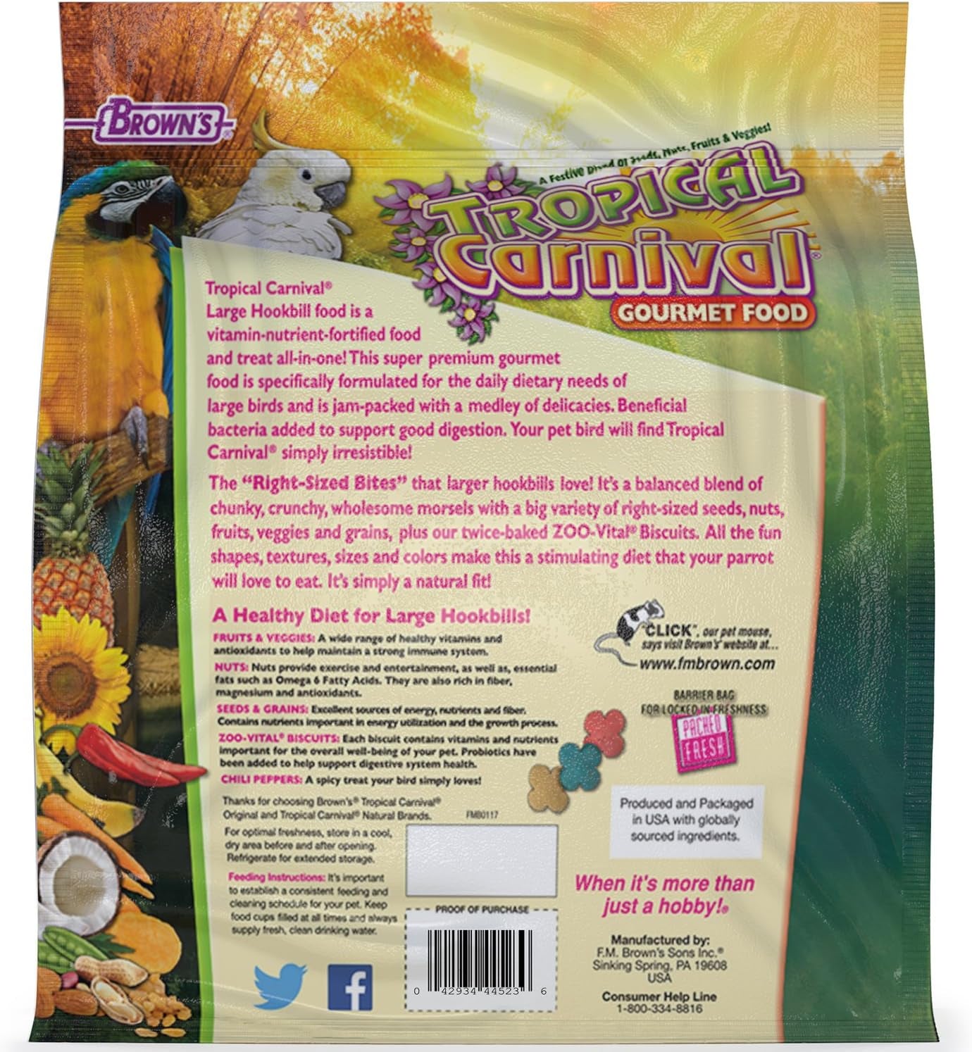 F.M. Brown'S Tropical Carnival Gourmet Large Hookbill Food for Parrots, Cockatoos and Macaws over 13", Vitamin-Nutrient Fortified Daily Diet