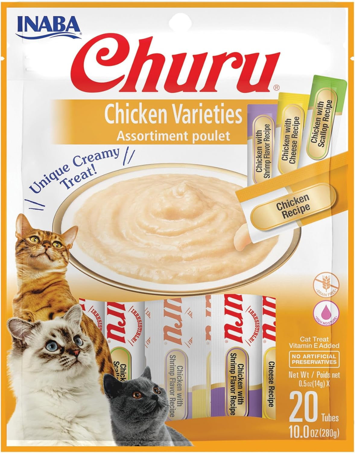 Churu Cat Treats, Grain-Free, Lickable, Squeezable Creamy Purée Cat Treat/Topper with Vitamin E & Taurine, 0.5 Ounces Each Tube, 50 Tubes, Tuna & Chicken Variety