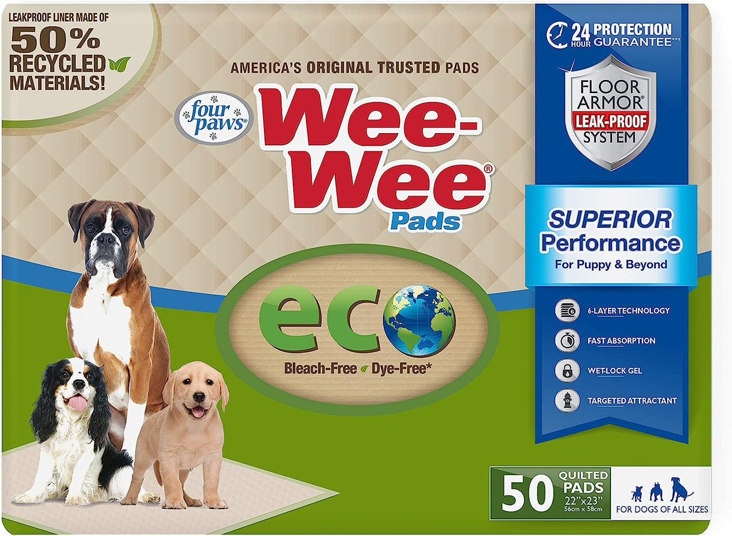 Four Paws Wee-Wee Superior Performance Eco Pee Pads for Dogs - Earth-Friendly Dog & Puppy Pads for Potty Training - Dog Housebreaking & Puppy Supplies - 22" X 23" (50 Count),White