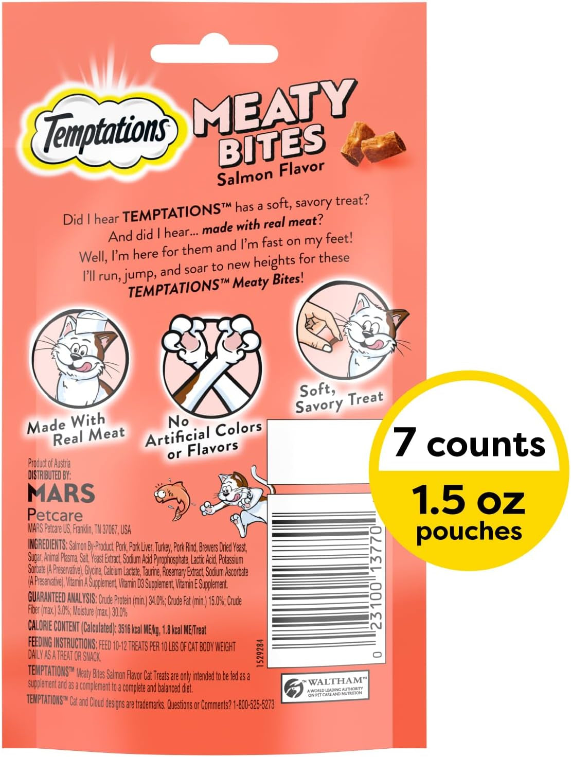 Temptations Meaty Bites, Soft and Savory Cat Treats, Salmon Flavor, 1.5 Oz. Pouches (Pack of 7)