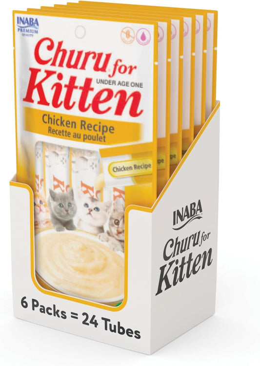 INABA Churu for Kittens, Grain-Free Creamy, Purée Lickable Cat Treats with DHA, EPA, Vitamin E & Taurine, 0.5 Ounces Each, 24 Tubes (4 per Pack)