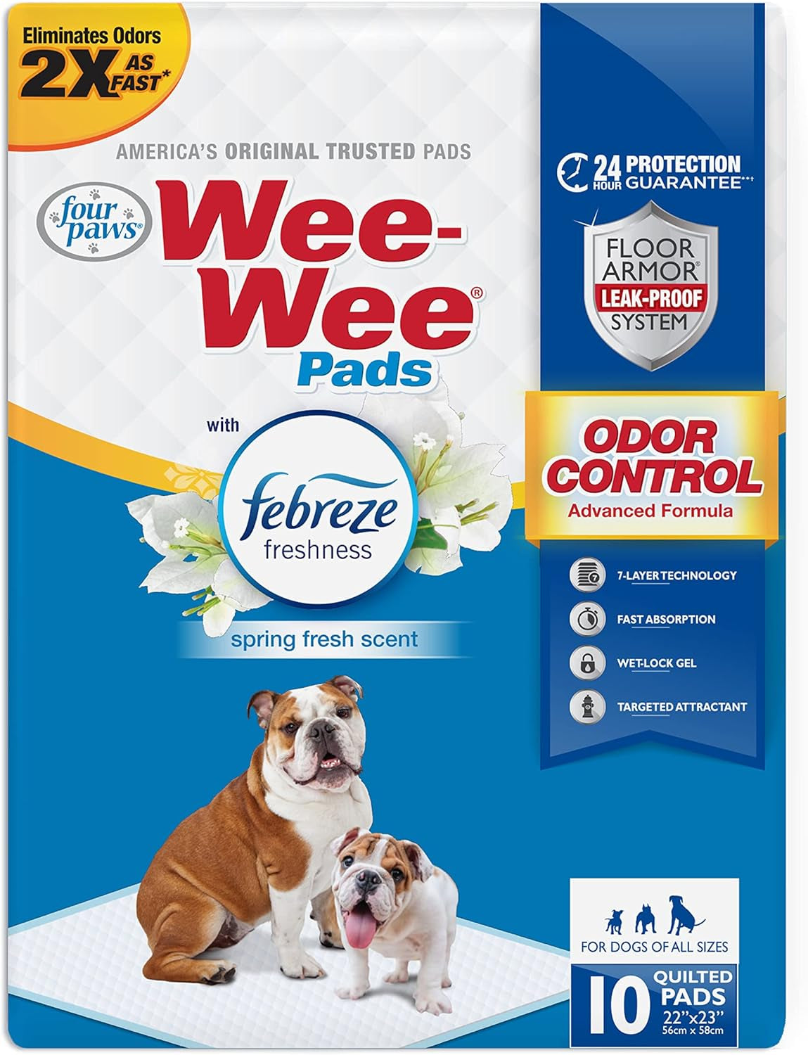 Four Paws Wee-Wee Odor Control with Febreze Freshness Pee Pads for Dogs of All Sizes, Leak-Proof Floor Protection Dog & Puppy Quilted Potty Training Pads, Spring Fresh Scent