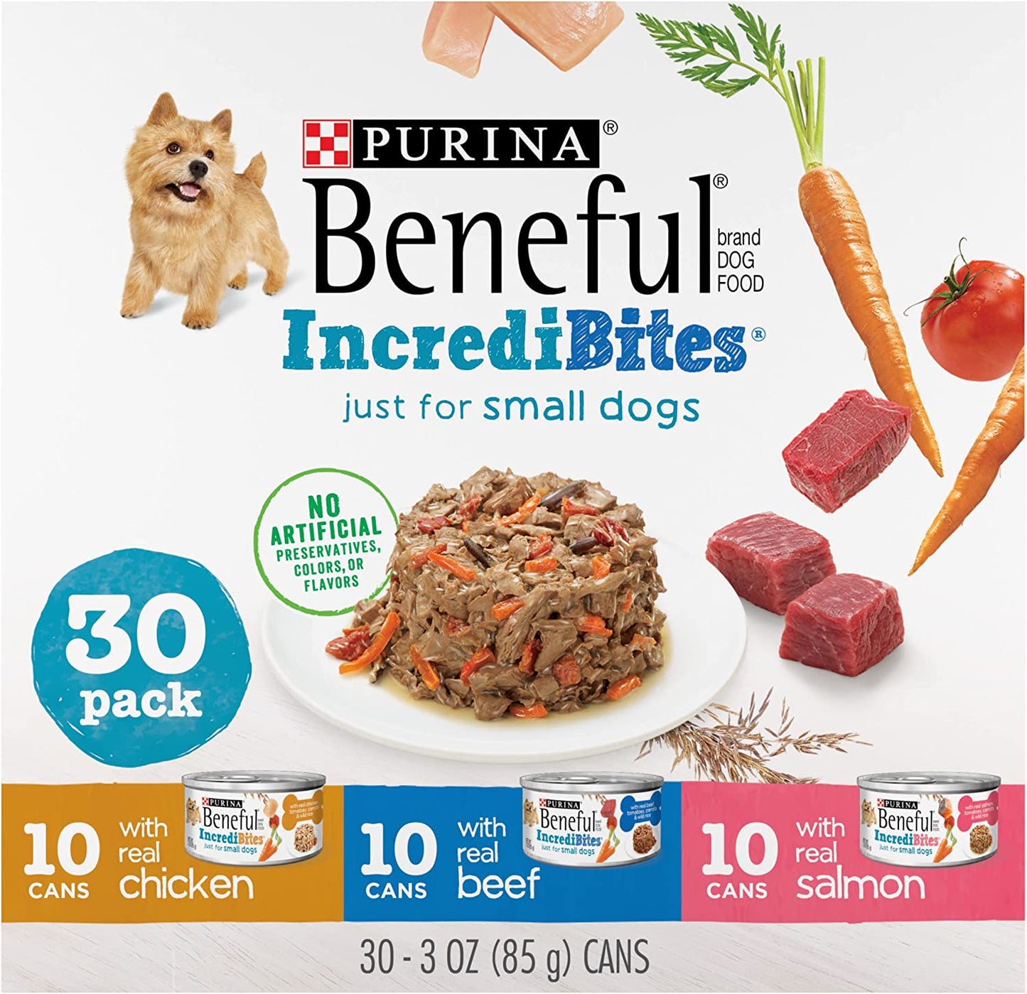 Purina Small Breed Wet Dog Food Variety Pack, Incredibites with Real Beef, Chicken or Salmon - (Pack of 30) 3 Oz. Cans