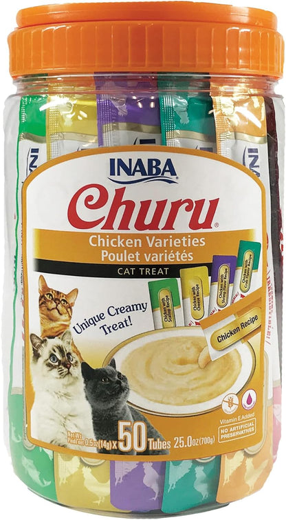 Churu Cat Treats, Grain-Free, Lickable, Squeezable Creamy Purée Cat Treat/Topper with Vitamin E & Taurine, 0.5 Ounces Each Tube, 50 Tubes, Tuna & Chicken Variety