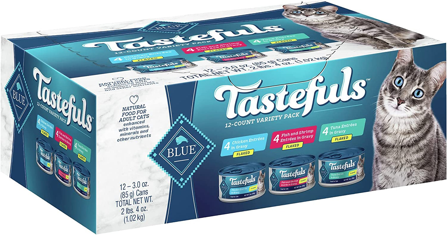 Tastefuls Flaked Wet Cat Food Variety Pack, Made with Natural Ingredients | Tuna, Chicken, Fish & Shrimp, 3-Oz. Cans (12 Count, 4 of Each)