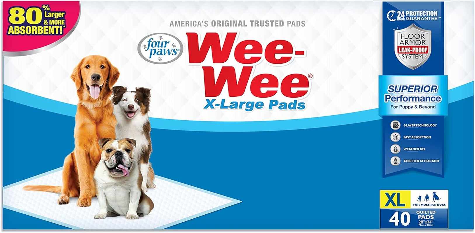 Four Paws Wee-Wee Superior Performance XL Pee Pads for Extra Large Dogs, Leak-Proof Floor Protection Dog & Puppy Quilted Potty Training Pads, Unscented, 28" X 34"