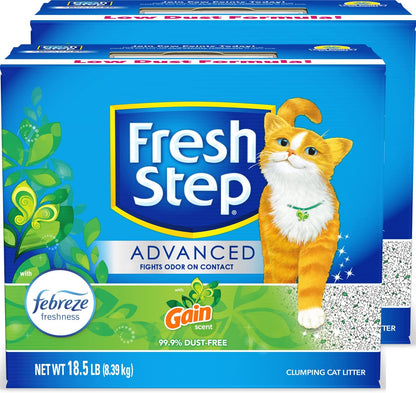 Advanced Clumping Cat Litter with Gain, 37 Lbs Total, Extra Large (2 Pack of 18.5Lb Boxes) + Glad Forceflex Protection Series Tall Trash Bags with Febreze, 13 Gal, 110 Ct