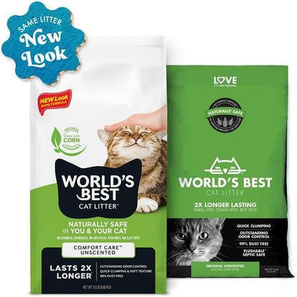 WORLD'S BEST CAT LITTER Comfort Care Unscented, Natural Ingredients, Quick Clumping, Flushable, 99% Dust Free & Made in USA - Long-Lasting Odor Control & Easy Scooping