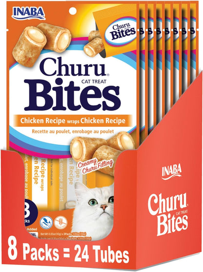 INABA Churu Bites for Cats, Soft Baked Chicken Churu Filled Cat Treats with Vitamin E, 0.35 Ounces Each Tube, 24 Tubes Total (3 per Pack)