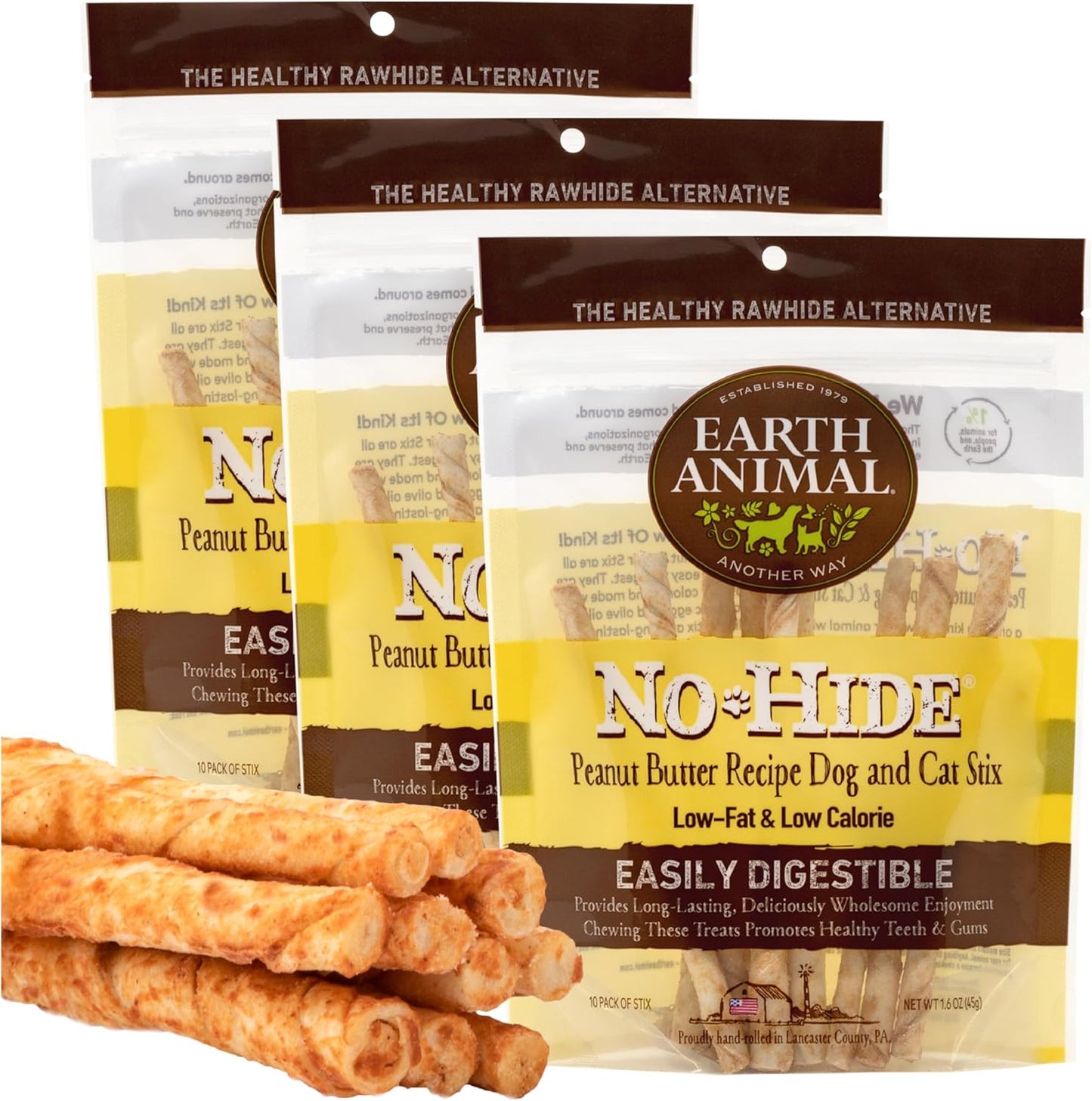 Earth Animal No Hide Stix Flavored Natural Rawhide Free Dog Chews Long Lasting Dog Chew Sticks, Dog Treats for Small Dogs and Cats, Great Dog Chews for Aggressive Chewers