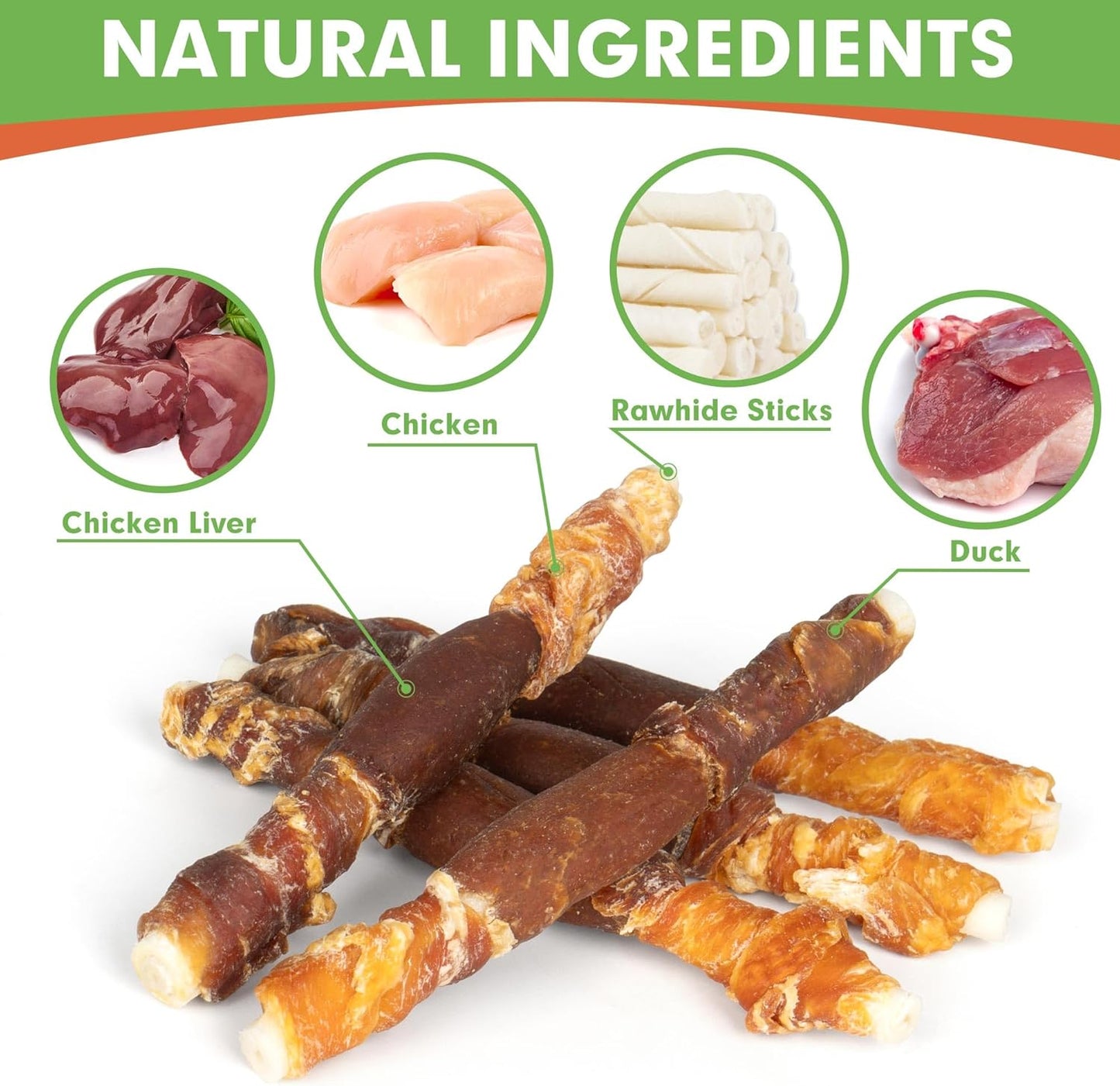 MON2SUN Dog Treats, Triple Flavor 5 Inch Chicken Liver Duck and Chicken Wrapped Rawhide Snacks for Small and Medium Dogs