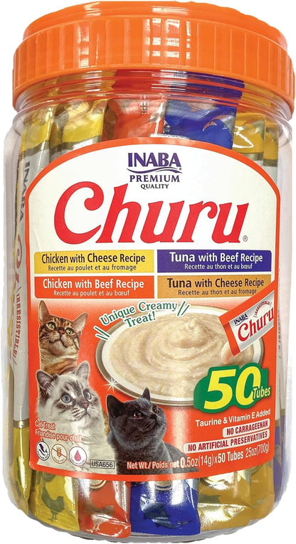 Churu Cat Treats, Grain-Free, Lickable, Squeezable Creamy Purée Cat Treat/Topper with Vitamin E & Taurine, 0.5 Ounces Each Tube, 50 Tubes, Tuna & Chicken Variety