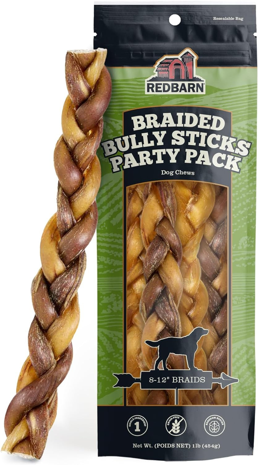 Redbarn Pet Products All Natural, Braided Bully Sticks for Small & Large Dogs - Healthy Long Lasting Beef Chews Variety Party Pack - Single Ingredient Low Odor Rawhide Free