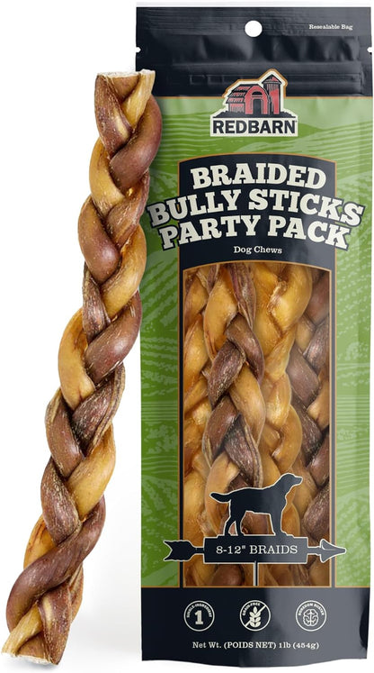 Redbarn Pet Products All Natural, Braided Bully Sticks for Small & Large Dogs - Healthy Long Lasting Beef Chews Variety Party Pack - Single Ingredient Low Odor Rawhide Free