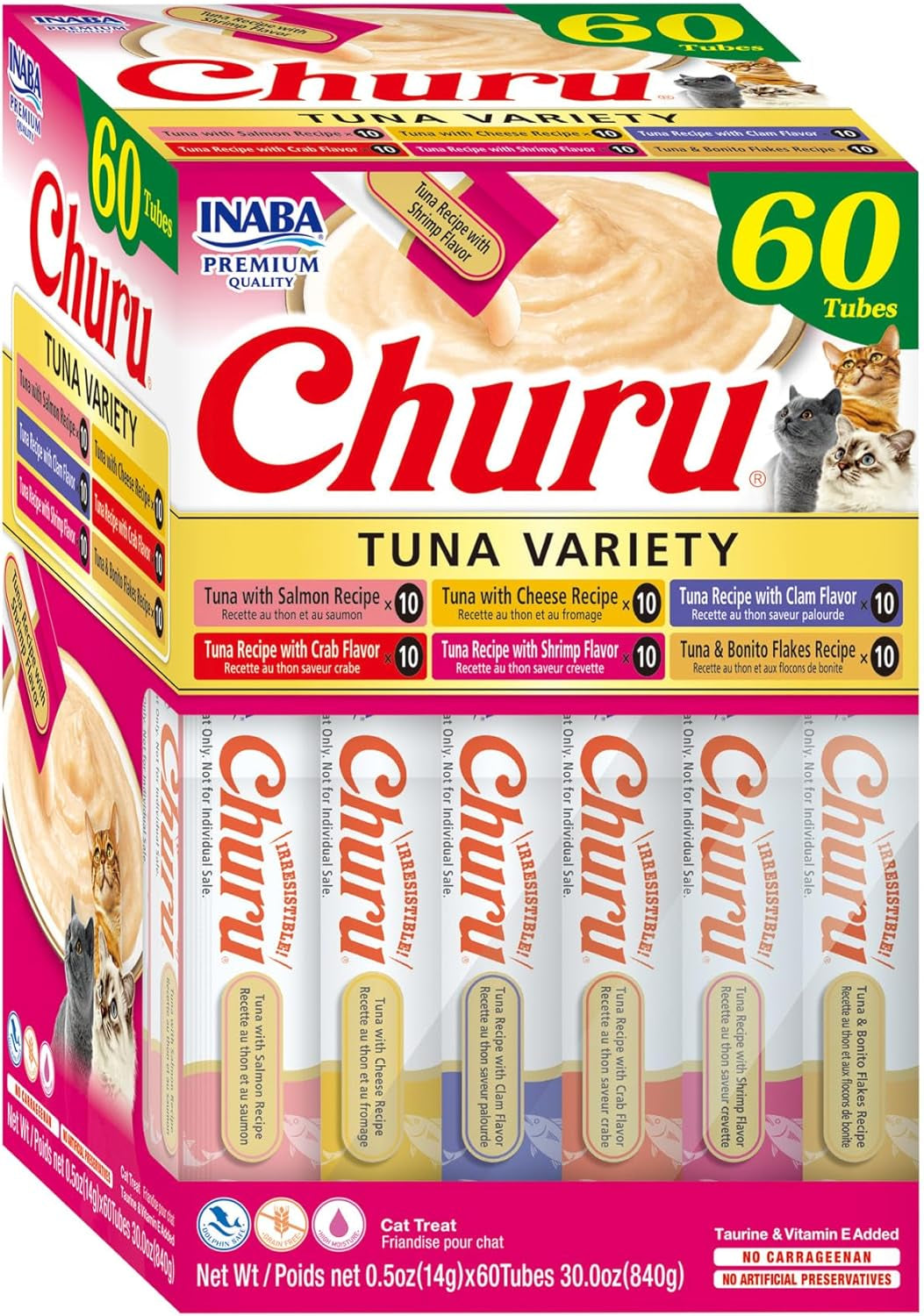 Churu Cat Treats, Grain-Free, Lickable, Squeezable Creamy Purée Cat Treat/Topper with Vitamin E & Taurine, 0.5 Ounces Each Tube, 50 Tubes, Tuna & Chicken Variety