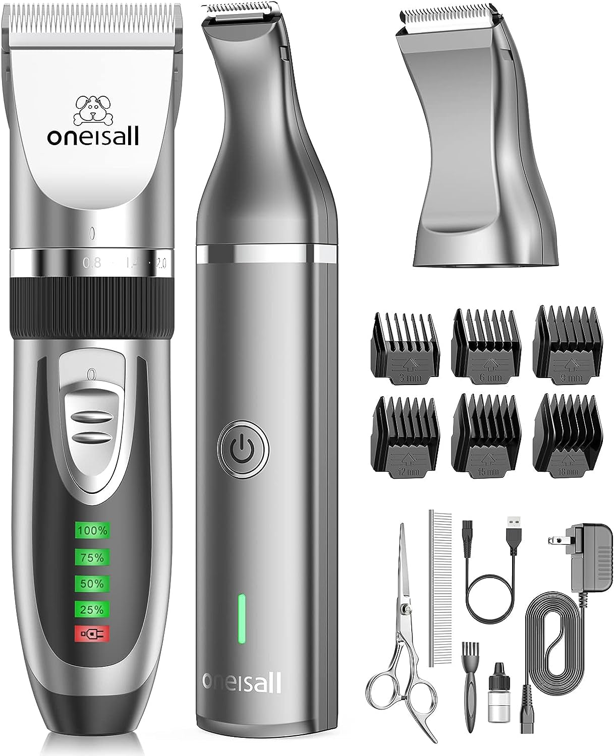 Oneisall Dog Clippers and Dog Paw Trimmer Kit 2 in 1 Low Noise Cordless Dog Clippers for Grooming Pet Hair Trimmers for Small and Large Dogs Cats Animals