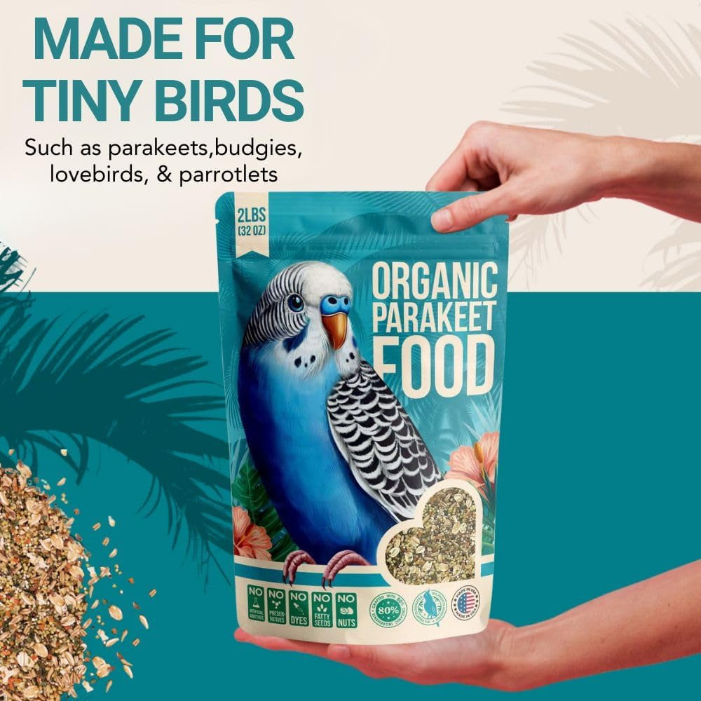 80% Organic Parakeet Food - No Dyes, Fatty Seeds, or Fillers - Human Grade Organic Parakeet Seed, Grain & Wholesome Veggies - for Budgies, Lovebirds, Parrotlets - Made in USA