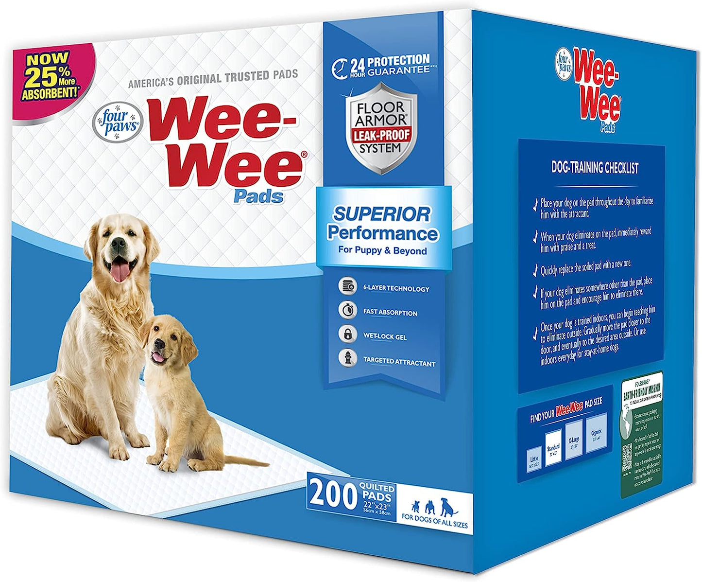 Four Paws Wee-Wee Superior Performance Pee Pads for Dogs of All Sizes, Leak-Proof Floor Protection Dog & Puppy Quilted Potty Training Pads, Unscented, 22" X 23"