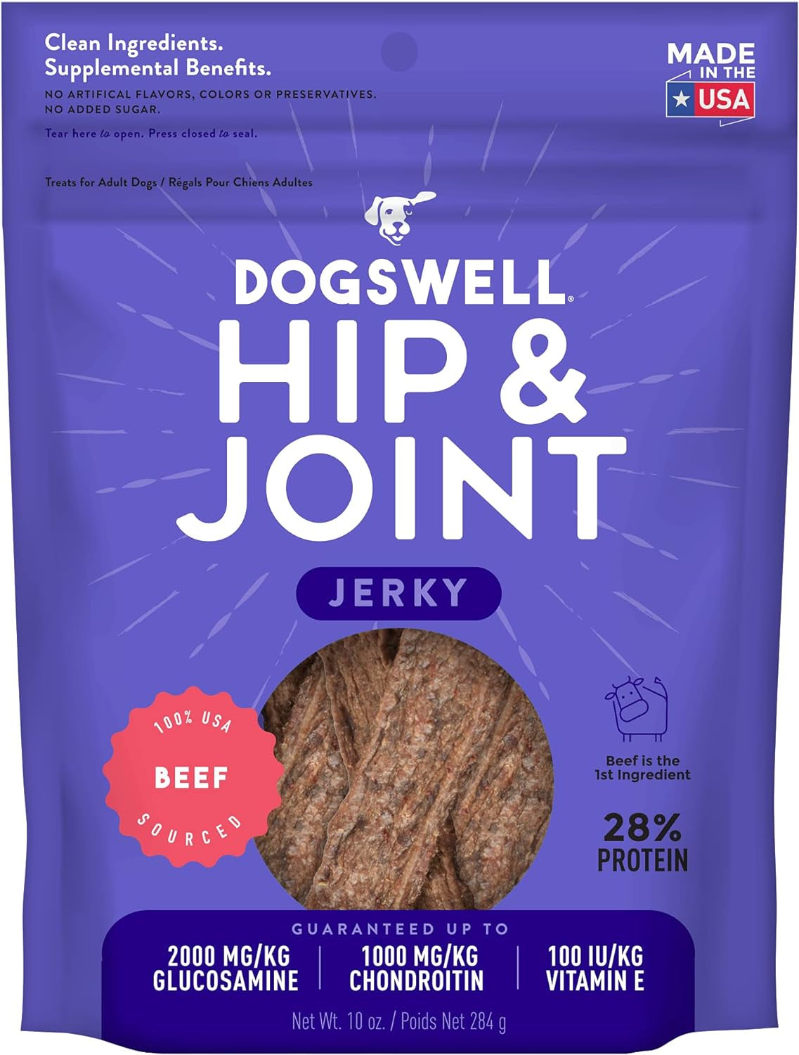 Dogswell Jerky Hip and Joint Dog Treats Grain Free Made in USA Only, Glucosamine and Chondroitin