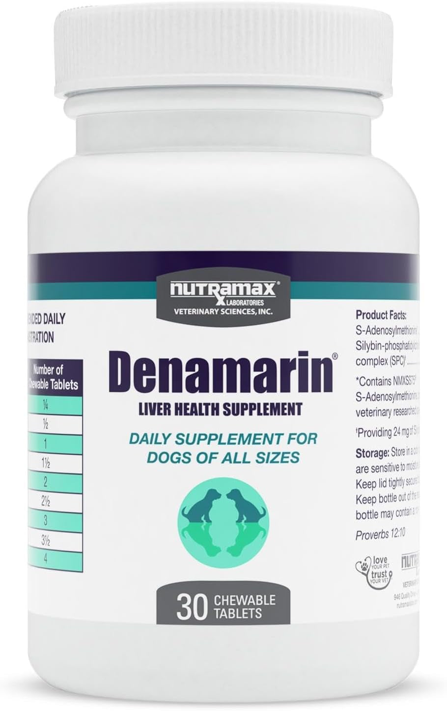 Nutramax Denamarin Liver Health Supplement for Dogs, with S-Adenosylmethionine (Same) and Silybin, 30 Chewable Tablets